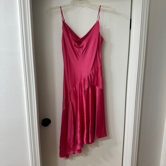 BCBG MAXAZRIA Pink Silk Satin Dress with Asymmetrical Hem, Size M - Picture 1 of 6